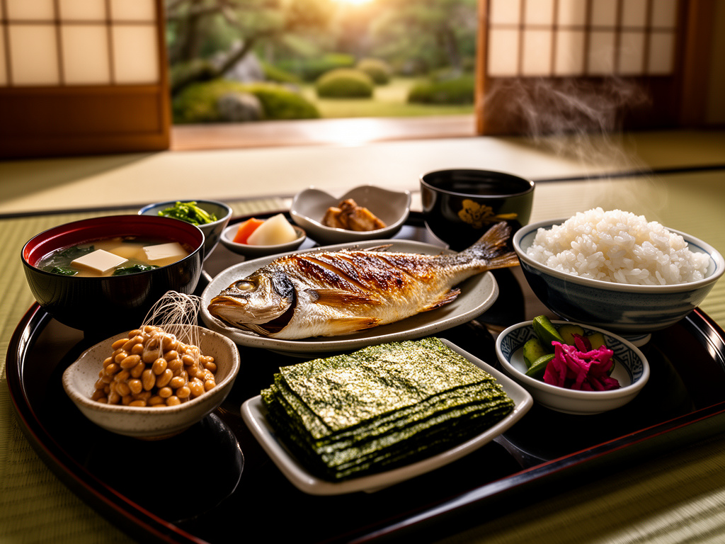 FLUX2の2枚目。豪華になったが畳の上に置かれた朝食。