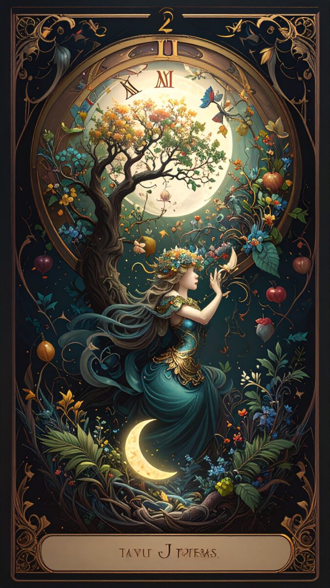 Day023[Adobe Firefly]ミュシャ風タロット第3弾「2：女教皇」