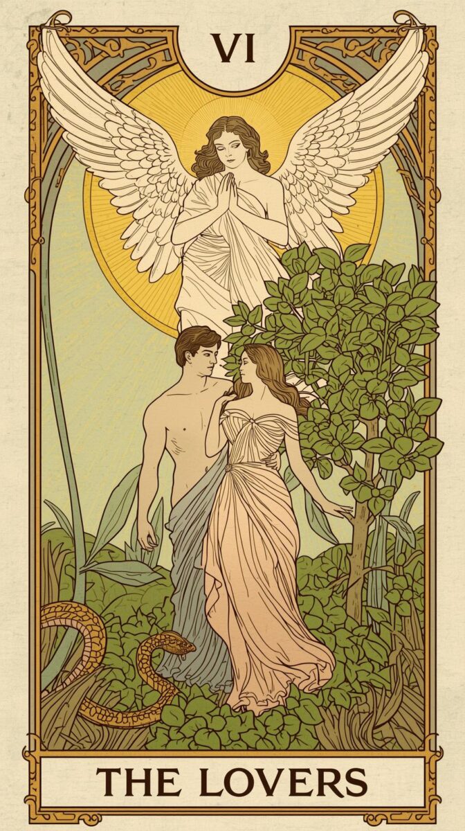 Day027[Canva AI]ミュシャ風タロット第7弾「6：恋人達」