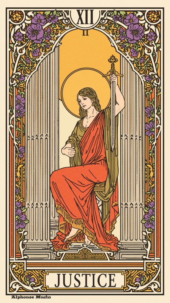 Day032[Canva AI]ミュシャ風タロット第12弾「11：正義」
